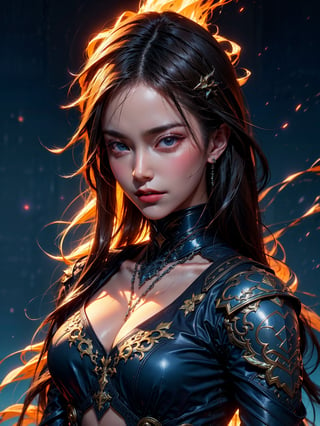 highly-detailed, high-resolution, portrait artwork. evil design female paladin, ice dragonin the background, dynamic standing pose, vibrant colors, and wearing a random expensive armor outfit. intricate details, interesting hair design. best quality and realism,Detailed face,1 girl,DragonCute,bra