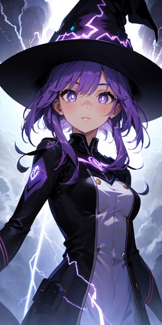 1girl, purple hair, symbol-shaped pupils, lightning witch, lightning, light particles, light rays, wallpaper, high contrast, colorful,