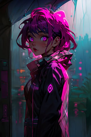 1girl,cute face,magenta_hair,glow_eyes,pink_eyes,transparent_raincoat,full_body,day