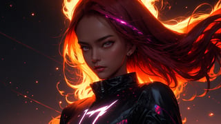 1 girl,  thunder red jacket,  tight suit,peuple hair, and the anime series G Force of the 1980s, Darf Punk wlop glossy skin,  ultrarealistic sweet girl, ,  holographic,  holographic texture,  the style of wlop,  space,  , midjourney,  purple_lightning,long_hair,dim lighting,detailed_face
