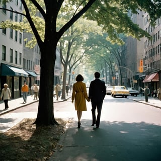 Analog photo of two New Yorkers in 1970s New York, man with woman, walking down a busy tree-lined street and talking, directed by Martin Scorsese, directed by Woody Allen, [directed by Wes Anderson], [retro-futurism], film grain, reel-to-reel cinematography