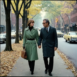 Analog photo of two New Yorkers in (1970s) New York, man with woman, walking down a busy tree-lined street and talking, autumn, classic film, directed by Martin Scorsese, directed by Woody Allen, [directed by Wes Anderson], [retro-futurism], film grain, reel-to-reel cinematography, highly detailed elements, neurotic appearance, drab fashion inspired by Mia Farrow and Tina Chow, (iconic and classic), jazz music soundtrack, glasses, expertly framed shot, award-winning movie still, f5.6