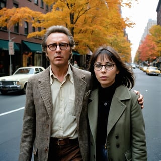Analog photo of two New Yorkers in (1970s) New York, man with woman,1977, walking quickly down a busy tree-lined street and talking and conversing, autumn, classic film, [directed by Martin Scorsese], (directed by Woody Allen), directed by Wes Anderson, [retro-futurism], film grain, reel-to-reel cinematography, highly detailed elements, neurotic appearance, [drab] fashion inspired by Mia Farrow and Diane Keaton and Tina Chow and Annie Hall and Christopher Walken \(1977\), (iconic and classic), jazz music soundtrack, glasses, expertly framed shot, award-winning movie still, f5.6, earth tones, detailed faces, tweed, plaid