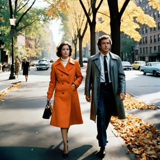 Analog photo of two New Yorkers in 1970s New York, man with woman, walking down a busy tree-lined street and talking, autumn, film, directed by Martin Scorsese, directed by Woody Allen, [directed by Wes Anderson], [retro-futurism], film grain, reel-to-reel cinematography