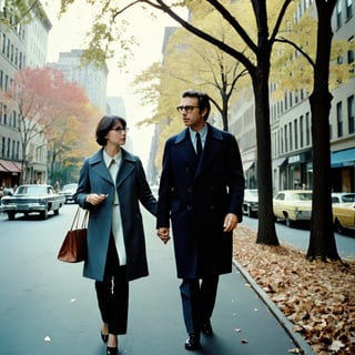 Analog photo of two New Yorkers in 1970s New York, man with woman, walking down a busy tree-lined street and talking, autumn, classic film, directed by Martin Scorsese, directed by Woody Allen, [directed by Wes Anderson], [retro-futurism], film grain, reel-to-reel cinematography, highly detailed elements, neurotic appearance, drab fashion inspired by Mia Farrow and Tina Chow, (iconic and classic), jazz music soundtrack, glasses