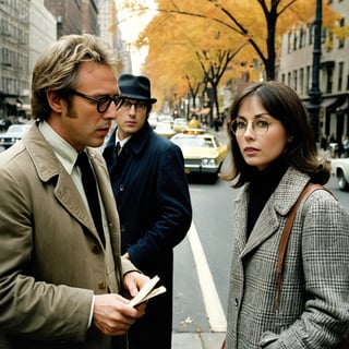 Analog photo of two New Yorkers in (1970s) New York, man with woman,1977, man with glasses hailing a cab while woman waits on curb on a busy tree-lined street, autumn, classic film, [directed by Martin Scorsese], (directed by Woody Allen), directed by Wes Anderson, [retro-futurism], (film grain), reel-to-reel cinematography, highly detailed elements, neurotic appearance, [drab] fashion inspired by the outfits of Mia Farrow and Diane Keaton and Tina Chow and Annie Hall \(1977\) and [Christopher Walken] and [Robert Redford] and [Billy Crystal], (iconic and classic), jazz music soundtrack, expertly framed shot, award-winning movie still, f5.6, earth tones, detailed faces, tweed, plaid, Perfect Hands