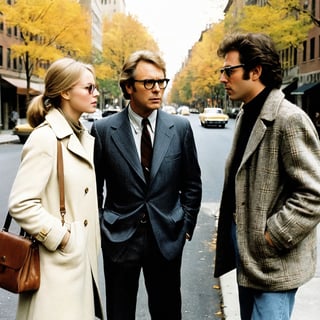 35mm film photo of two urbanites in (1970s) New York, man with woman,1977, man with glasses arguing and pontificating while walking with woman on a busy tree-lined street, autumn, classic film, [directed by Martin Scorsese], (directed by Woody Allen), directed by Wes Anderson, (film grain), reel-to-reel, highly detailed, neurotic appearance, [drab] fashion inspired by the outfits of Mia Farrow and Diane Keaton and Tina Chow and Annie Hall \(1977\) and (Christopher Walken:0.3) and [Robert Redford] and [Billy Crystal] and [Robert De Niro], (iconic and classic),1976, 1978, award-winning movie still, f4.0, earth tones, detailed faces, tweed, plaid, Perfect Hands, (soft muted tones), vintage photograph,[VintageMagStyle]