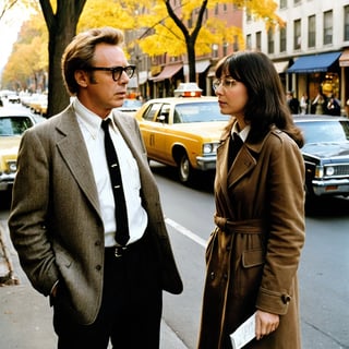 Analog photo of two New Yorkers in (1970s) New York, man with woman,1977, man with glasses hailing a cab while woman waits on curb on a busy tree-lined street, autumn, classic film, [directed by Martin Scorsese], (directed by Woody Allen), directed by Wes Anderson, [retro-futurism], (film grain), reel-to-reel cinematography, highly detailed elements, neurotic appearance, [drab] fashion inspired by Mia Farrow and Diane Keaton and Tina Chow and Annie Hall \(1977\) and [Christopher Walken] and [Robert Redford] and [Billy Crystal], (iconic and classic), jazz music soundtrack, expertly framed shot, award-winning movie still, f5.6, earth tones, detailed faces, tweed, plaid, Perfect Hands