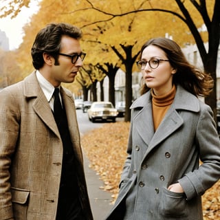 faded 35mm film photo of two urbanites in (1970s) New York, slightly disheveled intellectual man with woman,1977, man with glasses arguing and pontificating and gesticulating while walking with woman on a busy tree-lined street, autumn, classic film, directed by Woody Allen and [Martin Scorsese] and Wes Anderson, , (film grain), reel-to-reel, [neurotic appearance], [drab] fashion inspired by the outfits of [Mia Farrow] and Diane Keaton and Tina Chow and Annie Hall \(1977\) and (Christopher Walken:0.3) and [Billy Crystal] and [[Robert De Niro]] BREAK (iconic and classic),1976, 1978, award-winning movie still, f4.0, earth tones, detailed faces, tweed, plaid, skin texture, film grain, Kodak 800, Perfect Hands, (soft muted tones), vintage photograph,[VintageMagStyle], [sexual tension], retro