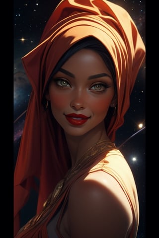 masterpiece, best quality, oil painting style, frank frazetta style, tanned skin, curvy body type, mango body type middle eastern woman wearing a hijab,dark clothes and lots of expensive jewelry, full lipb, vibrant red lipstick, dynamic pose, dramatic lighting , charming smile,scifi, space opera