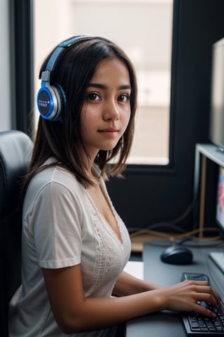 Maria Rodriguez, short, brunette, busty, (((a shy))), insecure, 15-year-old technology enthusiast who finds solace in Lily after witnessing the crime. little_cute_girl, 1girl, sitting at her desk operating a gamer pc, cat headphones, (totale dark background), 1girl, masterpiece, best quality, high resolution, 8K, HDR, bloom, raytracing, detailed shadows, bokeh, depth of field, film photography, film grain, glare, (wind:0.8), detailed hair, beautiful face, beautiful girl, ultra detailed eyes, cinematic lighting, (hyperdetailed:1.15), , little_cute_girl,