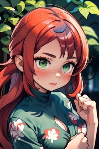 a 16 years old, irish girl, (((16yo))), (((bautiful))), ((lolicon)), beatiful,1girl,  girl, a 16 yeras old Teen Girl, Thin, short, medium breasts, mole next to the left nipple, (((red hair))), (((green eyes))), freckles on the nose. clear skin. Shy, introverted, lover of nature and animals. Dress in a natural and comfortable style, with t-shirts with nature prints, jeans, street, blurry background (totale dark background),xiala