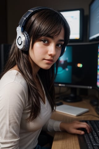 latin girl, Maria Rodriguez, short, brunette, busty, (((a shy))), insecure, 15-year-old technology enthusiast who finds solace in Lily after witnessing the crime. little_cute_girl, 1girl, sitting at her desk operating a gamer pc, headphone, (totale dark background), 1girl, masterpiece, best quality, high resolution, 8K, HDR, bloom, raytracing, detailed shadows, bokeh, depth of field, film photography, film grain, glare, (wind:0.8), detailed hair, beautiful face, beautiful girl, ultra detailed eyes, cinematic lighting, (hyperdetailed:1.15), , little_cute_girl,