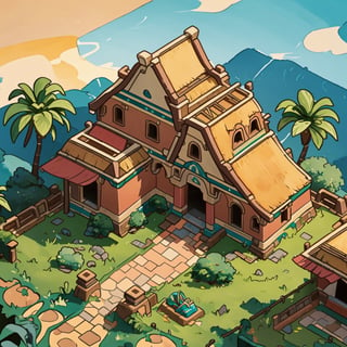 masterpiece,(best quality:1.3),beautiful lightning, vibrant colour, ((isometric view)), grass land, mansion, old mexican hacienda, old mexican hacienda, crude watercolour painting,  big brushstrokes, 6 colours, cartoon, Isometric_Setting, house cover, 欧美卡通,Isometric_Setting