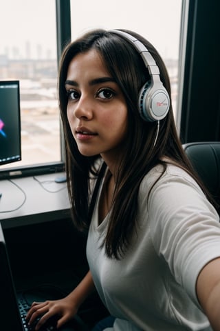 latin girl, Maria Rodriguez, short, (((brunette))), busty, (((a shy))), insecure, 15-year-old technology enthusiast who finds solace in Lily after witnessing the crime. little_cute_girl, 1girl, sitting at her desk operating a gamer pc, headphone, (totale dark background), 1girl, masterpiece, best quality, high resolution, 8K, HDR, bloom, raytracing, detailed shadows, bokeh, depth of field, film photography, film grain, glare, (wind:0.8), detailed hair, beautiful face, beautiful girl, ultra detailed eyes, cinematic lighting, (hyperdetailed:1.15), , little_cute_girl,sagging breasts,ffc selfie