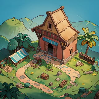 masterpiece,(best quality:1.3),beautiful lightning, vibrant colour, ((isometric view)), grass land, barn, old mexican hacienda, old mexican hacienda, crude watercolour painting,  big brushstrokes, 6 colours, cartoon, Isometric_Setting, house cover, 欧美卡通,Isometric_Setting