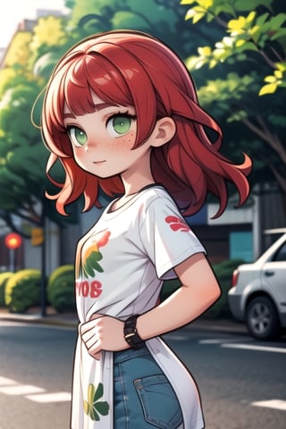 a 16 years old, irish girl, (((16yo))), (((bautiful))), ((lolicon)), beatiful,1girl,  girl, a 16 yeras old Teen Girl, Thin, short, medium breasts, mole next to the left nipple, (((red hair))), (((green eyes))), freckles on the nose. clear skin. Shy, introverted, lover of nature and animals. Dress in a natural and comfortable style, with t-shirts with nature prints, jeans, street, blurry background (totale dark background),xiala,nipples, sidenips
