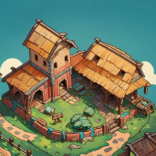 masterpiece,(best quality:1.3),beautiful lightning, vibrant colour, ((isometric view)), grass land, barn, old mexican hacienda, old mexican hacienda, crude watercolour painting,  big brushstrokes, 6 colours, cartoon, Isometric_Setting, house cover, 欧美卡通,Isometric_Setting