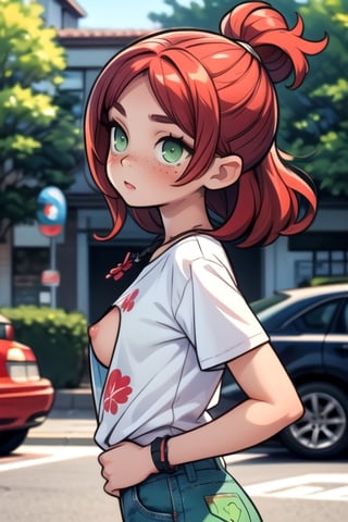 a 16 years old, irish girl, (((16yo))), (((bautiful))), ((lolicon)), beatiful,1girl,  girl, a 16 yeras old Teen Girl, Thin, short, medium breasts, mole next to the left nipple, (((red hair))), (((green eyes))), freckles on the nose. clear skin. Shy, introverted, lover of nature and animals. Dress in a natural and comfortable style, with t-shirts with nature prints, jeans, street, blurry background (totale dark background),xiala,nipples