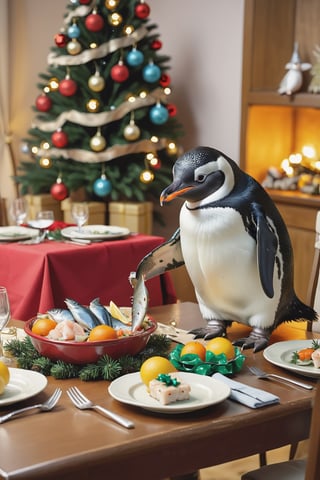 Penguin eating fish on a dinner table, Cozy room with Christmas decoration, a lot of gifts in a room, christmas tree,