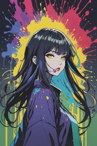 (profile picture),official art, unity 8k wallpaper, ultra detailed, beautiful and aesthetic, beautiful, masterpiece, best quality, cover art, chaos, , 1girl, japanese girl, longhair, black hair, bangs, hair on forehead, high quality, the most beautiful_divine form of chaos,chaotic energy, elegant, a brutalist designed,(red ink, blue ink, yellow ink, purpleink, green ink), ((front view)), face dripping, clothes dripping, ink dripping, (addnet weight 1:1.0), (double exposure), ink scenery,line painting,Paint_Style,col,watercolor,potcoll,(colorful),(paint splash background:1.5),(silhouette:1.2),(multi-colors:1.4),perfecteyes