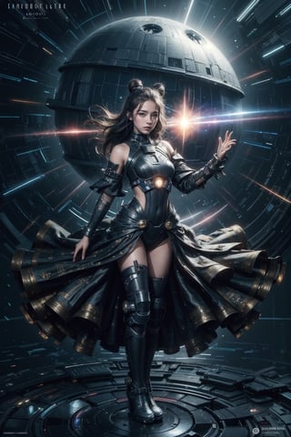 detailed splash art,complex background,1girl,wearing detailedoutfit, masterpiece, highly detailed, in space standing,leaning,,glowing particlesall around,circular background,vast,detailed death star in bg,bird 's-eye view