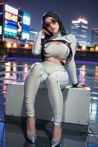 night city background, cinematic, realistic, full body picture,atmospheric, ultra sharp, highly detailed skin, naughty hijab,round face, 36dd,  wearing sunglasses chubby_female,wearing mecha suit skin colour, chubby face,j3s1,v4ni4,wrapgag