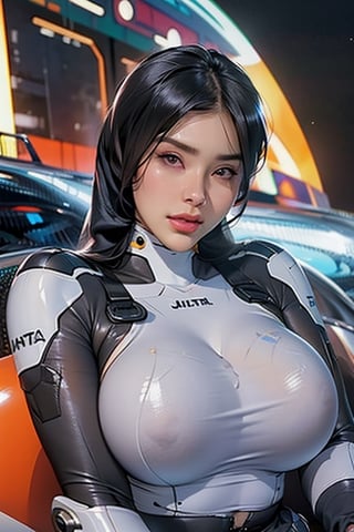 night city background, cinematic, realistic, atmospheric, ultra sharp, highly detailed skin, soaked body,naughty hijab,round face, 36dd,  wearing sunglasses,n4git4, chubby_female,wearing mecha suit, chubby face,j3s1,v4ni4,wrapgag
