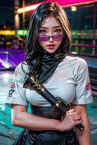  neon city aiming guns and tactical, flashlight and neon lights blending in a chaotic dance, cinematic, realistic, atmospheric, ultra sharp, highly detailed, intricate,naughty hijab,round face, 36dd, holding_katana, wearing sunglasses,n4git4, chubby_female,wearing indonesian high school uniform, round face,j3s1