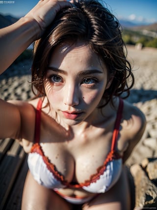 prostitution background, realistic, top of mountain , 8k highly detailed skin, , 36dd, red lingerie, chubby face,perfecteyes,best body shape, girl with dick expose, ,deepthroat