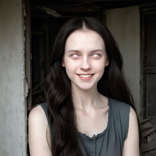 beautiful lady, very pale skin, big smile, long dark hair, hyperdetailed photography, dramatic shadows, background is a crumbling abandoned house, upper body portrait, whiteeyes