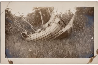 Photograph of a pirate ship sinking into a field of tall grass