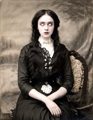 photo of a woman with pale skin, very long dark hair and (large_eyes:1.8)  | Victorian styling,whiteeyes