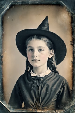 high resolution daguerreotype photo of a cute teenage witch, surreal, good composition, RAW photo, inspired by Georges Méliès, scuffed daguerreotype, delamination, shallow depth of field, dagtime