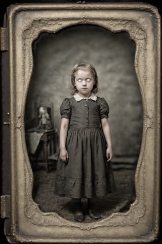 framed tintype of a little girl, full body, wearing an antique dress, looking at viewer, horror, haunting, ominous, shallow depth on field, focus on face,whiteeyes