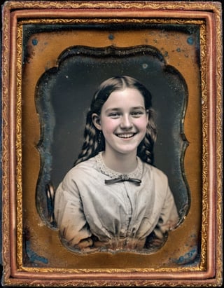 photograph of a pretty young woman with (freckles:0.5),  laughing, Daguerreotype Achromat 64mm f/5.6 Art Lens, ornate frame, dagtime 