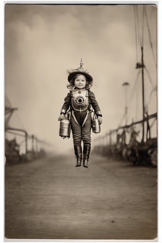 little girl with a big jetpack, flying in the sky, steampunk style