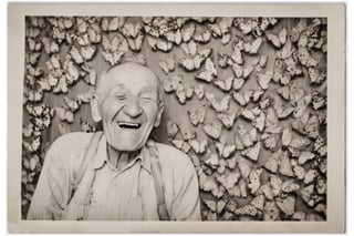 Photo of a happy old man covered in moths, sepia