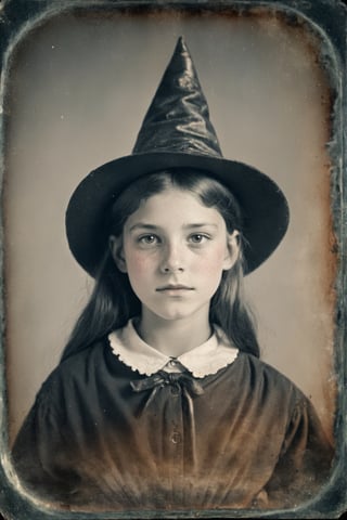 high resolution daguerreotype photo of a cute teenage witch, surreal, good composition, RAW photo, inspired by Georges Méliès, scuffed daguerreotype, delamination, shallow depth of field, focus on face, dagtime