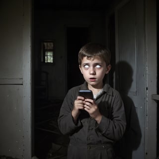 high resolution photograph of a kid looking up from a cell phone, slack jawed, abandoned house in background, dark, shadows, horror, creepy,whiteeyes