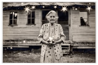 photo of an old woman, standing in front of an abandoned house, holding a handful of glowing stars, sad expression, highly detailed, realistic