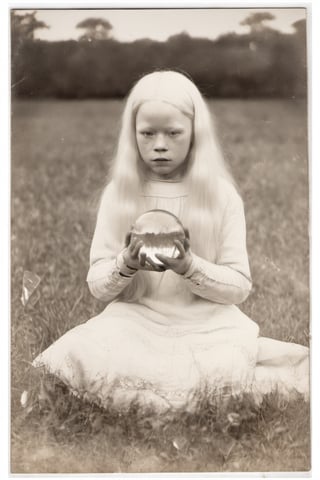 photograph of a young albino girl, very long hair, in a field, holding a crystal ball