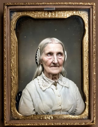 Daguerreotype photograph, head and shoulders portrait of a frail old woman, long flowing white hair, intricate lace dress, white high-necked blouse, tall lace collar, 120mm f/1.0 lens, ornate border, dagtime