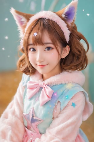 adorable_eyes, mischievous_smile, charming_outfit, fluffy_pet, kawaii_pose, pastel_background, star-shaped_weapon, masterpiece, best quality, highly detailed, sharp focus, dynamic lighting, vivid colors, texture detail, particle effects, storytelling elements, narrative flair, 16k, UE5, HDR, subject-background isolation,beautymix