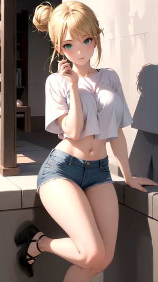 (best quality:1.1), (masterpiece:1.2), high quality shadow, beautiful detailed, beautiful face, detailed eyes, depth of field, highres, best shadow, best illumination, 1girl, looking at viewer, blonde hair, messy bun hair, green eyes, shy, large breasts, ripped jean shorts, transparent crop top, high heels,