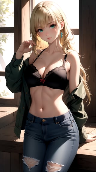 (best quality:1.1), (masterpiece:1.2), high quality shadow, beautiful detailed, beautiful face, detailed eyes, depth of field, highres, best shadow, best illumination, 1girl, looking at viewer, blonde hair, long hair, green eyes, shy, large breasts, ripped jeans, unbuttoned shirt, black bra, cowboy boots,