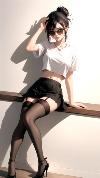 (best quality:1.1), (masterpiece:1.2), high quality shadow, beautiful detailed, beautiful face, detailed eyes, depth of field, highres, best shadow, best illumination, 1girl, looking at viewer, black hair, messy bun hair, green eyes, shy, large breasts, short skirt, revealing_clothes , black skirt, no bra, crop top, high heels, sunglasses on head, stockings, black stockings,