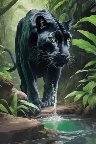 an image of a large panther with expressive green eyes drinking water from a stream in the jungle