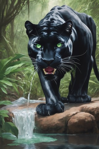 an image of a large panther with expressive green eyes drinking water from a stream in the jungle