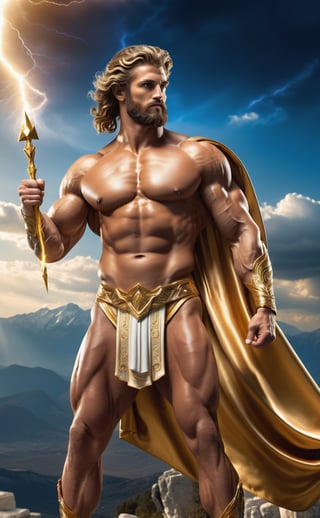 Realistic art showing a full body photograph. A true masterpiece. Image of a young super muscular man, in the image of the Greek God Zeus, dynamic pose, (body in motion), set against a vivid landscape on Mount Olympus with a blue sky sparkling with sunlight and a magical glow. Adorned with a huge translucent golden cloak that drapes over his shoulder, Zeus displays an extremely strong muscular body, the naked body of a bodybuilder. In his hand he holds a glittering lightning bolt-shaped spear made of gold. He has a detailed face with big beautiful eyes, muscular arms, legs, chest and abs He has long, detailed hair - a real masterpiece. The landscape is also depicted in great detail.